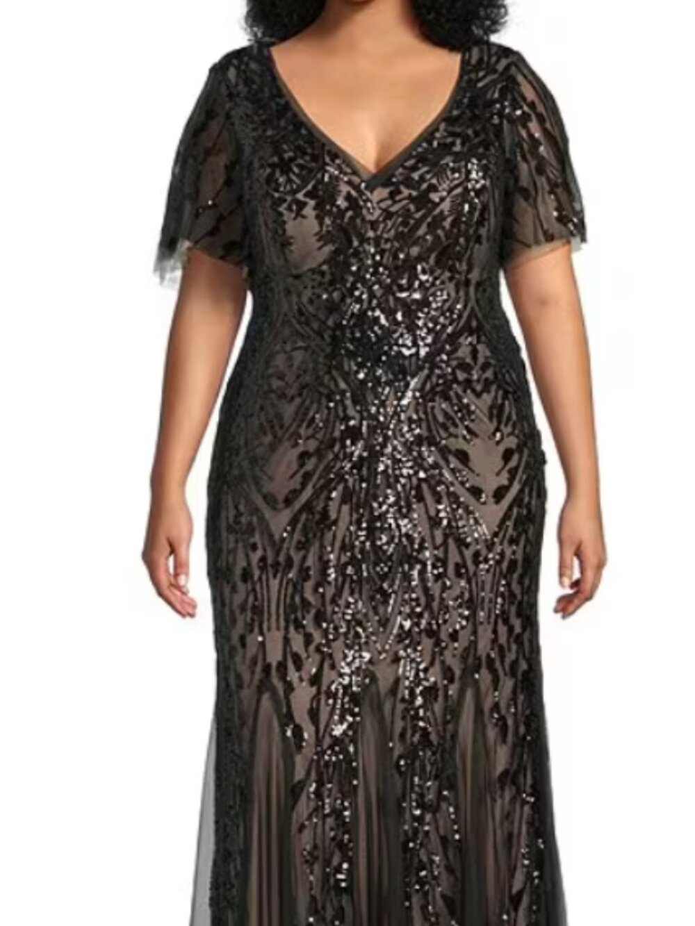 R & M Richards Plus Size Embroidered Sequin Power Mesh Empire Waist Short Flutte